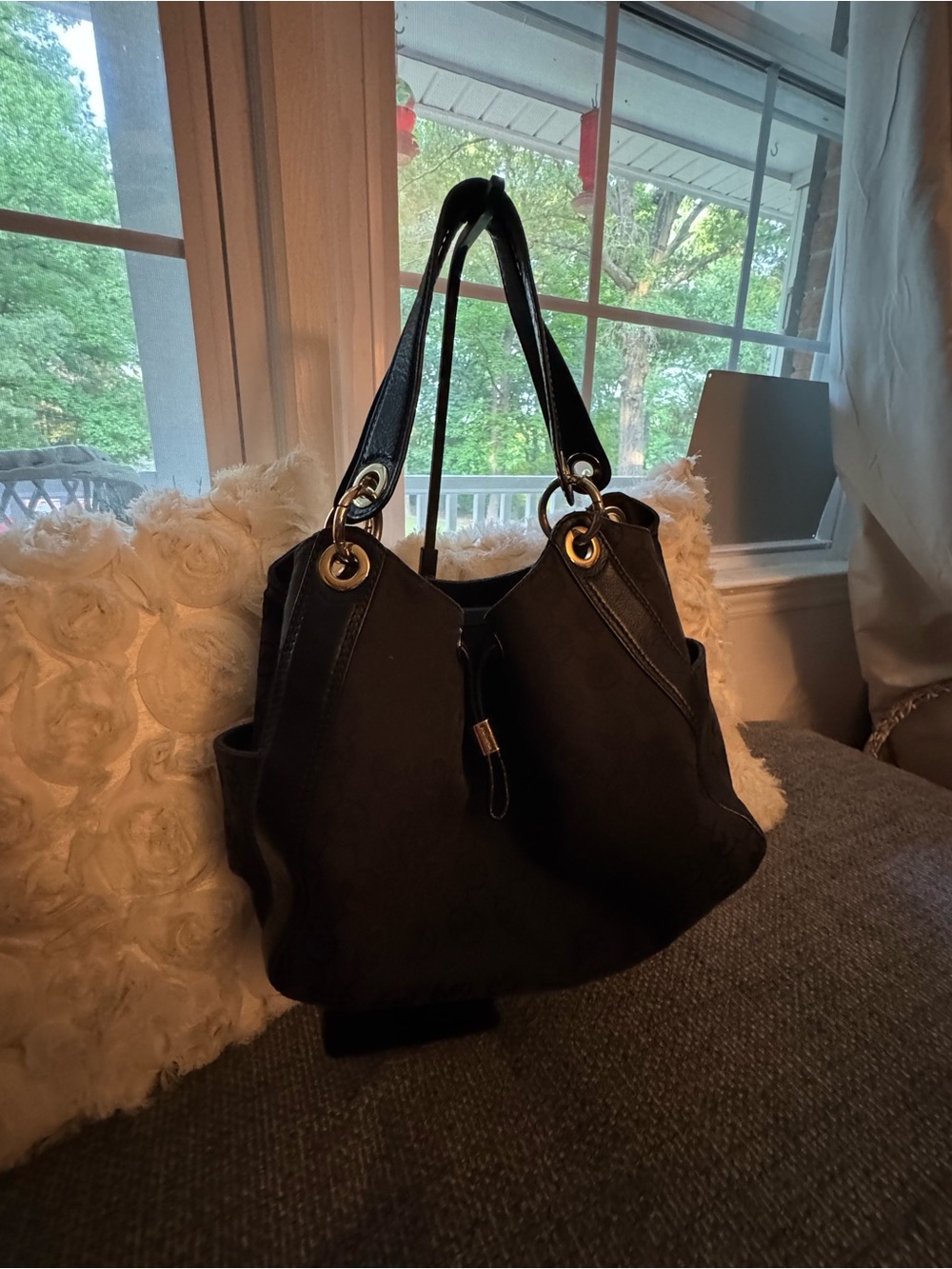 Michael Kors Black Signature Jacquard Drawstring Shoulder Bag Gold Hardware - Picture 1 of 10